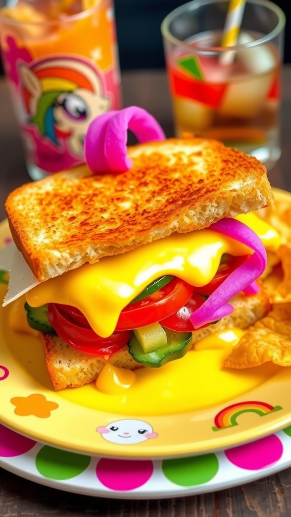 A fun Pinkie Pie-inspired cheese sandwich with melted cheese and colorful veggies on a plate with chips.